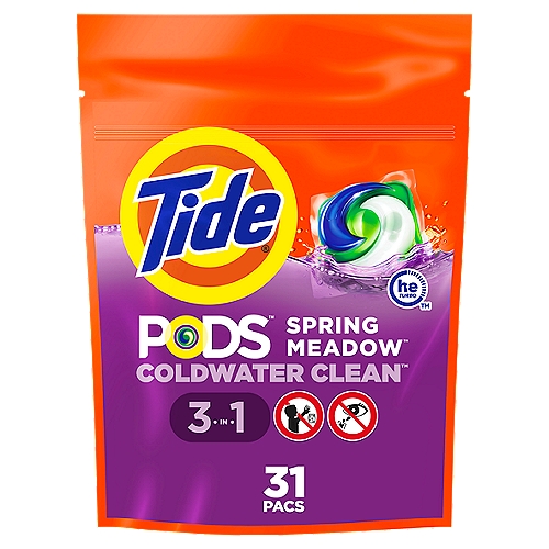 Tide Pods 3 in 1 Coldwater Clean Spring Meadow Detergent, 31 count, 27 oz
Face it, the world can be a really dirty place. Coffee mugs get jostled, flowerbeds get weeded, and home plates get slidden into. In a world where common stains can be mere moments away, you need a clean that can stand up to 100% of them. You need Tide 3-in-1 PODS Spring Meadow. By combining concentrated detergents, powerful stain removers and color protectors into one convenient laundry pac, Tide 3-in-1 PODS give you the Tide detergent clean you need with the ease of drop-in-and-done. Along with the refreshing, invigorating scent of Spring Meadow. But the news gets even better. Tide 3-in-1 PODS work in any machine, whether you normally use an HE detergent or not, and are designed to dissolve even in cold water. Just place a Tide PODS in the washing machine drum before adding clothing, and you're good to go. That's not only good for your sense of clean, its also good for your energy bill. Which means it's also good for the planet, and your wallet. Get the clean of Tide laundry detergent with the convenience and confidence of Tide laundry detergent PODS in every load, every time, for every family.