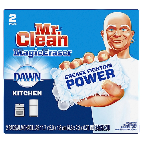 Mr. Clean MagicEraser Dawn Kitchen Household Cleaning Pads, 2 count
Mr. Clean Magic Eraser Kitchen scrubber cleaning pads with the grease fighting power of Dawn removes 3X more greasy kitchen mess per swipe.* Even greasy tough kitchen messes have met their match: cleans grease on ceramic cookware**, burnt-on messes on glass stovetops and ovens, grime on granite countertops and appliances. *vs. the leading all-purpose bleach spray cleaner **rinse required for surfaces in direct contact with food