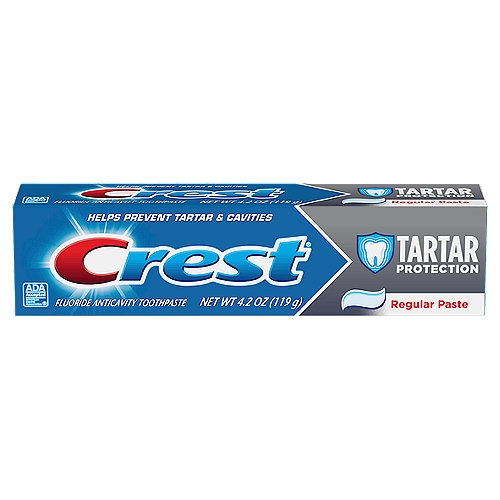 Crest Tartar Protection Regular Toothpaste, 4.2 oz
Fluoride Anticavity Toothpaste

Fights Cavities Plus Fights Tartar Buildup
Special Tartar Blocker Provides Effective Tartar Protection.

Fights Cavities on Teeth and Exposed Roots, a Highly Vulnerable Part of Your Permanent Teeth as You Age.
Fight cavities with clinically proven Fluoristat®

Once Formed, Tartar Can only Be Removed by Dental Cleaning.
Crest's Tartar Protection's Special Tartar Blocker Helps Stop New Tartar Build-Up Before It Forms

Contains Fluoristat® for effective cavity protection

Drug Facts
Active ingredient - Purpose
Sodium fluoride 0.243% (0.15% w/v fluoride ion) - Anticavity toothpaste

Use
Helps protect against cavities