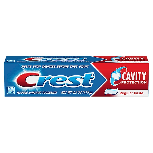 Crest Regular Fluoride Anticavity Toothpaste, 4.2 oz
Crest Cavity Protection Toothpaste gives you a cavity treatment that helps take care of your mouth by protecting your teeth and exposed roots. Regular brushing can help protect your teeth and strengthen weak spots to help fight cavities. Plus, it'll leave your breath feeling fresh.