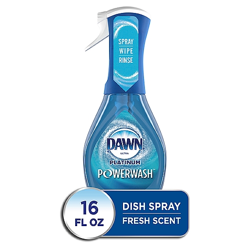 Dawn Platinum Powerwash Dish Spray, Dish Soap is the faster, easier way to clean as you go. The spray activated suds cut through grease on contact, without water for 5X Faster* Grease Cleaning (*vs Dawn Non-Concentrated). Just Spray, Wipe, and Rinse to stay ahead of the mess and get done faster. Dawn Powerwash is great for all your dishes with its unique spray technology even your hard to reach items, like blenders and baby bottles, are easy to clean. Just, Spray, Wipe, and Rinse. For tough messes, allow the suds to sit for a few minutes than just wipe and rinse away all the grease and suds. Available in easy to use refills.