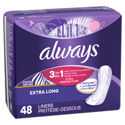 Always 3-in-1 Xtra Protection Daily Liners Extra Long w/ LeakGuards,  Absorbs 8x Vs Always Thin Bladder Leaks, 48 Count - The Fresh Grocer