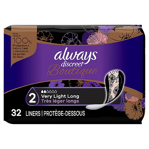 always Discreet Boutique Very Light Long Liners, 32 count
With Always Discreet Boutique, bladder leaks don't get in the way of feeling your best. Discover incredible bladder leak protection that feels like your favorite underwear, thanks to its fabric-like material. A hidden core turns liquid to gel and locks away wetness, so you feel fresh and secure. Always Discreet Boutique lets you walk with poise and makes bladder leaks no big deal.