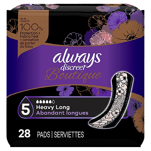 Always Discreet Boutique Heavy Long Pads, 28 count
With Always Discreet Boutique, bladder leaks don't get in the way of feeling your best. Discover incredible bladder leak protection that feels like your favorite underwear, thanks to its fabric-like material. A hidden core turns liquid to gel and locks away wetness, so you feel fresh and secure no matter what. Always Discreet Boutique lets you walk with poise and makes bladder leaks no big deal.