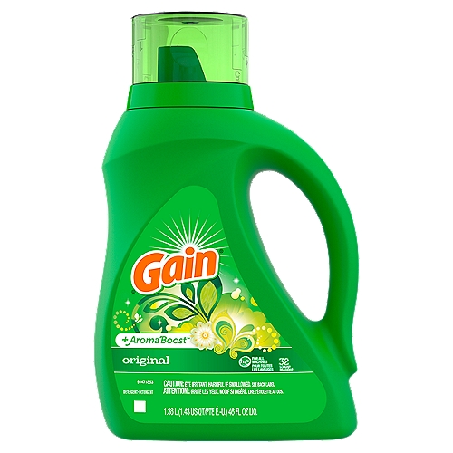 Gain, Original + Aroma booster 46 oz
Gain Original Liquid Laundry Detergent infuses your clothes with the fragrance of the green, clean, airy outdoors, so you're always just one quick sniff away from the most invigorating scent experience known to humankind.

Equipped with the cleaning power of Oxi Boost, and the odor-removal properties of Febreze, Gain Liquid Laundry Detergent provides you with excellent results wash after wash! 

Get rid of set-in odors and two-weeks old stains with the power of Oxi Boost, composed of highly effective pre-treaters, surfactants, and enzymes. 

Packing 50% more scent compared to regular Gain powder detergent, you can now revel in the ahhhmazing scent of Gain Liquid Laundry Detergent for up to six weeks from wash.

Detergent

32 Loads♢
♢Contains approximately 32 loads as measured to just below bar 1 on the cap.

Concentrated formula vs. formula as of 08/01/21