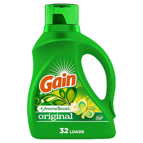 Gain Original Liquid Laundry Detergent infuses your clothes with the fragrance of the green, clean, airy outdoors, so you're always just one quick sniff away from the most invigorating scent experience known to humankind.nnEquipped with the cleaning power of Oxi Boost, and the odor-removal properties of Febreze, Gain Liquid Laundry Detergent provides you with excellent results wash after wash! nnGet rid of set-in odors and two-weeks old stains with the power of Oxi Boost, composed of highly effective pre-treaters, surfactants, and enzymes. nnPacking 50% more scent compared to regular Gain powder detergent, you can now revel in the ahhhmazing scent of Gain Liquid Laundry Detergent for up to six weeks from wash.nnDetergentnn32 Loads♢n♢Contains approximately 32 loads as measured to just below bar 1 on the cap.nnConcentrated formula vs. formula as of 08/01/21