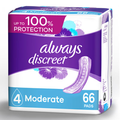 Always Discreet Moderate Incontinence Pads, Up to 100% Leak-Free  Protection, 66 Count
