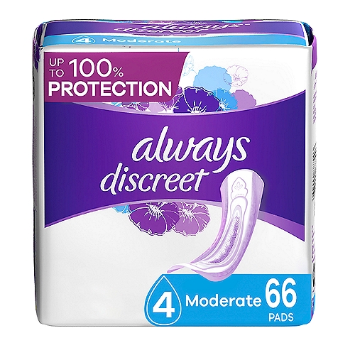 always Discreet Moderate Pads, 66 count
Looking for incredibly strong bladder leak protection that is barely noticeable under clothes? Always Discreet Moderate Incontinence Pads offer up to 100% leak-free protection thanks to a unique absorbent core that absorbs leaks in seconds to keep your skin dry and comfortable for hours. Plus, two RapidDry layers form a boosted protection zone in the center, giving you extra protection where you need it most. Even with unexpected leaks, the LeakGuards help to keep wetness away from the sides, while the lightly-scented OdorLock technology neutralizes odors instantly and continuously. Find your right size with the Always Discreet My Fit chart and get the protection you need. Experience incredible bladder leak protection in a surprisingly discreet incontinence pad.