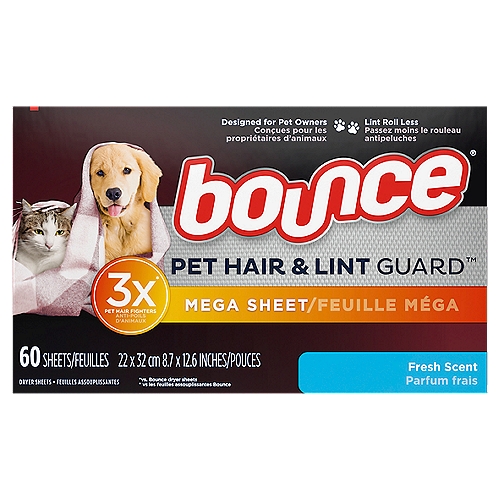bounce Pet Hair & Lint Guard Fresh Scent Mega Dryer Sheets, 60 count
Give your furry friends a hug! Bounce Pet Hair & Lint Guard Mega Sheets dryer sheets repel pet hair from your clothes, before it sticks. One Bounce Mega Sheet has 3x the hair and lint fighting ingredients compared to the leading dryer sheet*. Just toss it in the dryer to bounce out pet hair and lint. Bounce dryer sheets also reduce wrinkles and static while adding extra softness.  Thanks to Bounce Pet Hair + Lint Guard Mega Sheets, you can love your pet and lint roll less. *based on Nielsen category sales data