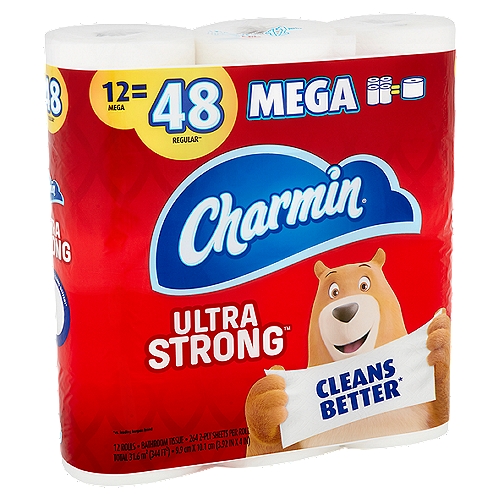 Charmin Ultra Strong Bathroom Tissue Mega Rolls, 12 count
12 Mega = 48 Regular**
1 Mega = 4 Regular Rolls**
**based on number of sheets in Charmin Regular Roll

Charmin's Texture Cleans Better!*
*vs. leading bargain brand