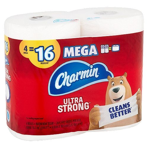 Charmin Ultra Strong Bathroom Tissue Mega Rolls, 4 count
4 Mega = 16 Regular**
1 Mega = 4 Regular Rolls**
**based on number of sheets in Charmin Regular Roll

Charmin's Texture Cleans Better!*
*vs. leading bargain brand