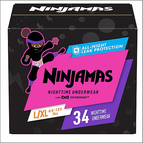 Ninjamas Nighttime Bedwetting Underwear Girl Size L/XL 34 Count