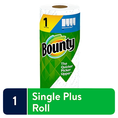 Bounty Select-A-Size Paper Towels, White, 1 Single Plus Roll, 1 Count
Don't let spills and messes get in your way. Lock in confidence with Bounty, the Quicker Picker Upper*. This pack contains Bounty white Select-A-Size paper towels that are 2X more absorbent* and strong when wet, so you can get the job done quickly. 

*vs. leading ordinary brand