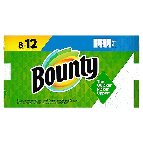 Bounty Select-A-Size Paper Towels, White, 8 Single Plus Rolls = 12 Regular Rolls, 8 Count
Don't let spills and messes get in your way. Lock in confidence with Bounty, the Quicker Picker Upper*. This pack contains Bounty white Select-A-Size paper towels that are 2X more absorbent* and strong when wet, so you can get the job done quickly. 

*vs. leading ordinary brand