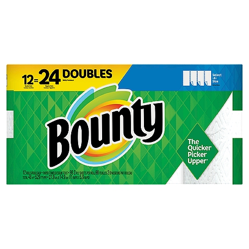 Bounty Select-A-Size Paper Towels, White, 12 Double Rolls = 24 Regular Rolls, 12 Count
Don't let spills and messes get in your way. Lock in confidence with Bounty, the Quicker Picker Upper*. This pack contains Bounty white Select-A-Size paper towels that are 2X more absorbent* and strong when wet, so you can get the job done quickly. 

*vs. leading ordinary brand