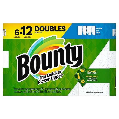 Bounty Select-A-Size Paper Towels, White, 6 Double Rolls = 12 Regular Rolls, 6 Count
Don't let spills and messes get in your way. Lock in confidence with Bounty, the Quicker Picker Upper*. This pack contains Bounty white Select-A-Size paper towels that are 2X more absorbent* and strong when wet, so you can get the job done quickly. 

*vs. leading ordinary brand