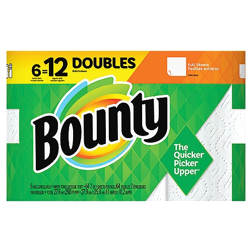 Bounty Paper Towels, White, 6 Double Rolls = 12 Regular Rolls, 6 Count
Don't let spills and messes get in your way. Lock in confidence with Bounty, the Quicker Picker Upper*. This pack contains Bounty white full sheet paper towels that are 2X more absorbent* and strong when wet, so you can get the job done quickly. Bounty paper towels also can last longer*, so you can change the roll less often! 

*vs. leading ordinary brand
