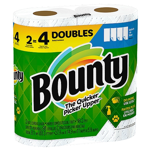 Bounty Select-A-Size Paper Towels, White, 2 Double Rolls = 4 Regular Rolls, 2 Count
"Don't let spills and messes get in your way. Lock in confidence with Bounty, the Quicker Picker Upper*. This pack contains Bounty white Select-A-Size paper towels that are 2X more absorbent* and strong when wet, so you can get the job done quickly. 

*vs. leading ordinary brand"

Do More. Use Less.†
†vs. the US leading ordinary brand