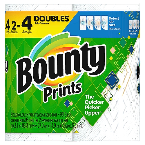 Bounty Select-A-Size Paper Towels, Print, 2 Double Rolls = 4 Regular Rolls, 2 Count
Don't let spills and messes get in your way. Lock in confidence with Bounty, the Quicker Picker Upper*. This pack contains Bounty Select-A-Size printed paper towels that are 2X more absorbent* and strong when wet, so you can get the job done quickly. Bounty's printed paper towel designs are sure to brighten up any room in your home!

*vs. leading ordinary brand