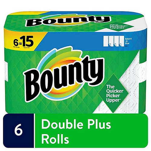 Bounty Select-A-Size White Double Plus Rolls Paper Towels, 6 count
The Quicker Picker Upper®*
*vs. leading ordinary brand

Do More. Use Less.†
†vs. the US leading ordinary brand 