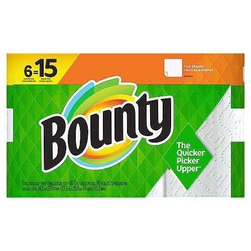 Bounty Paper Towels, White, 6 Double Plus Rolls = 15 Regular Rolls, 6 Count
Don't let spills and messes get in your way. Lock in confidence with Bounty, the Quicker Picker Upper*. This pack contains Bounty white full sheet paper towels that are 2X more absorbent* and strong when wet, so you can get the job done quickly. Bounty paper towels also can last longer*, so you can change the roll less often! 

*vs. leading ordinary brand