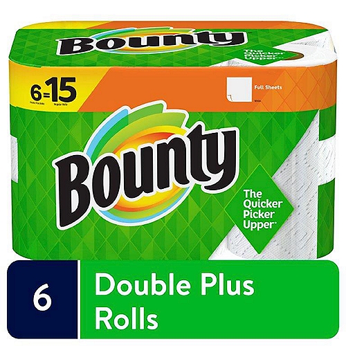 Bounty Full Sheets White Doubles Plus Rolls Paper Towels, 6 count
The Quicker Picker Upper®*
*vs. leading ordinary brand