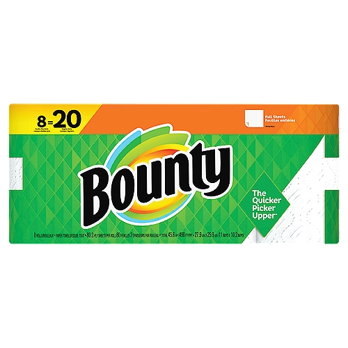 Bounty Paper Towels, White, 8 Double Plus Rolls = 20 Regular Rolls, 8 Count
Don't let spills and messes get in your way. Lock in confidence with Bounty, the Quicker Picker Upper*. This pack contains Bounty white full sheet paper towels that are 2X more absorbent* and strong when wet, so you can get the job done quickly. Bounty paper towels also can last longer*, so you can change the roll less often! 

*vs. leading ordinary brand