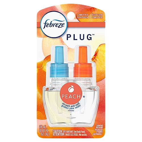 Febreze Odor-Eliminating Fade Defy PLUG Air Freshener Peach, (1) .87 fl. oz. Oil Refill
Have you experienced your plug air freshener scent fading? Good news: Febreze Fade Defy PLUG Air Freshener stays true to its name, delivering a first day fresh that lasts a full 50 days (on low setting). Ready to hit refresh and be an A+ odor eliminator? Just refill the Febreze Fade Defy PLUG and plug it into any outlet (they'll even rotate if your outlet is upside down) in any high-traffic area of your home… the kitchen, bathroom, or anywhere else odors like to linger. Bonus? When it's time for a refill, the automatic air freshener will let you know with its handy low-level indicator light. And this scent refill pack comes with one Fade Defy PLUG refill so you can keep that freshness going. Fresh from the orchard, this Peach scent is so bright and juicy, you'll wanna bring home a bushel.  Looking for an instant burst of fresh on funky fabrics? Give Febreze Fabric Refresher a try.

Febreze Warmer Has a Blue Light that:
• Flashes twice when first plugged in to show it's working
• Flashes continuously when it may be time for a new refill