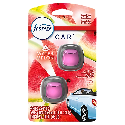 Febreze Car Air Freshener Vent Clip Watermelon Scent, .06 oz. Car Vent Clip, 2 Count
Kick car odors to the curb and enjoy up to 40 days of consistent scent with Febreze Car Vent Clips. While other car refreshers start off like a floral punch in the face, Febreze smells just right, right away. You'll get that first-day Febreze fresh for up to 40 days courtesy of its patented Steady Release Technology. This car air freshener vent clip is a breeze to install: Just unfold the clip until you hear a click, then clip it to your vent. It uses your car's fan to circulate an even scent through your entire vehicle. This juicy Watermelon scent lets you bring the picnic home with a smell that's always in season... seeds not included. These tiny car deodorizers are made with odor eliminators that remove any car stink with a scent that lasts. So forget those overwhelming, fade-too-soon fresheners and enhance every drive with the long-lasting freshness of Febreze Car. Want a fresh that lasts at home, too? Try Febreze Fade Defy PLUG.

Up to 40 Days of Consistent Scent*
*On low