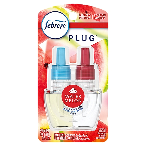 Febreze Odor-Eliminating Fade Defy PLUG Air Freshener Watermelon, (1) .87 fl. oz. Oil Refill
Have you experienced your plug air freshener scent fading? Good news: Febreze Fade Defy PLUG Air Freshener stays true to its name, delivering a first day fresh that lasts a full 50 days (on low setting). Ready to hit refresh and be an A+ odor eliminator? Just refill the Febreze Fade Defy PLUG and plug it into any outlet (they'll even rotate if your outlet is upside down) in any high-traffic area of your home… the kitchen, bathroom, or anywhere else odors like to linger. Bonus? When it's time for a refill, the automatic air freshener will let you know with its handy low-level indicator light. And this scent refill pack comes with one Fade Defy PLUG refill so you can keep that freshness going. This juicy Watermelon scent lets you bring the picnic home with a smell that's always in season... seeds not included. Looking for an instant burst of fresh on funky fabrics? Give Febreze Fabric Refresher a try.

Low Level Indicator
Blue light flashes when it might be time to refill.

Febreze Warmer Has a Blue Light that:
• Flashes twice when first plugged in to show it's working
• Flashes continuously when it may be time for a new refill