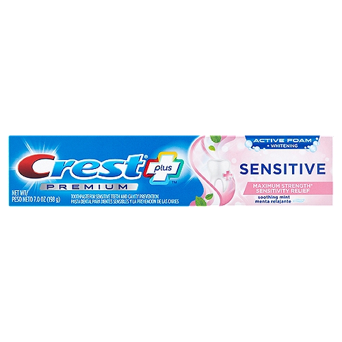 Crest Premium Plus Sensitive Toothpaste, Soothing Mint Flavor 7.0 oz
Crest Premium Plus Sensitive toothpaste gives your teeth maximum strength sensitivity relief* during your 2x daily brushing routine. The Crest Premium Plus line features an Active Foam + Whitening formula that fights cavities and tartar, and tubes include a stand-up flip cap that makes countertop storage easy.
(*maximum level of FDA Sensitivity Active Ingredient)

Active Foam Cleaning
• Removes surface stains
• Freshens breath
+
Relieves Sensitivity
• Fresh Scope®Flavor

Drug Facts
Active ingredients - Purpose
Potassium nitrate 5% - Toothpaste for sensitive teeth
Sodium fluoride 0.24% (0.14% w/v fluoride ion) - Toothpaste for cavity prevention

Uses
• when used regularly, builds increasing protection against painful sensitivity of the teet to cold, heat, acids, sweets or contact
• aids in the prevention of cavities