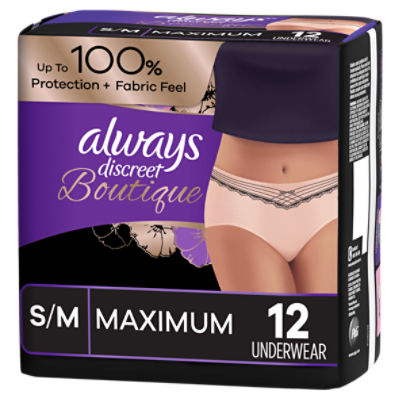 Always Discreet Boutique Incontinence Underwear, Maximum Protection, Size  S/M, Rosy, 12 Ct