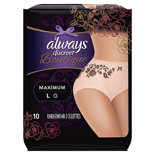 always Discreet Boutique Maximum L Underwear, 10 count
Who said women should have only one style of bladder leaks underwear? Always Discreet Boutique Underwear Large comes in a deep black colour with a hipster-cut design that feels like real underwear. Get up to 100% leak protection thanks to the RapidDry core which helps lock away leaks and odors in seconds. Always Discreet Boutique Underwear has a curve-hugging smooth fabric that contours to your natural shape and the flexible core provides almost no bunching between your legs so you can stay comfortable. The lightly scented OdorLock technology neutralizes odors instantly and continuously. Plus, LeakGuards help keep wetness away from sides even when experiencing heavy unexpected leaks. Always Discreet Boutique Low-Rise is designed to make you feel uncompromisingly feminine wearing bladder leak protection.
