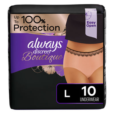 Always Discreet Boutique Low-Rise Incontinence Underwear Size L Maximum Absorbency, Up to 100% Leak Protection, Black, 10 Count, 10 Each