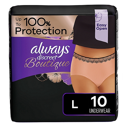 Always Discreet Boutique Low-Rise Incontinence Underwear Size L Maximum Absorbency, Up to 100% Leak Protection, Black, 10 Count