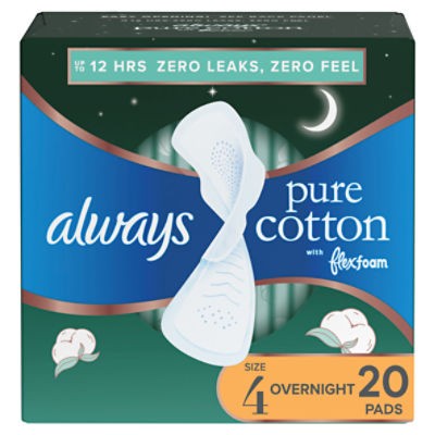 Always Pure Cotton Overnight with Flexiwings Unscented Pads, Size 4