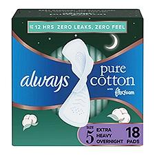 Always Pure Cotton Extra Heavy Overnight with Flexi-Wings Unscented Pads, Size 5, 18 count, 18 Each