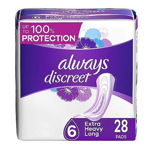 Always Discreet Extra Heavy Long Incontinence Pads, Up to 100% Leak-Free Protection, 28 Count