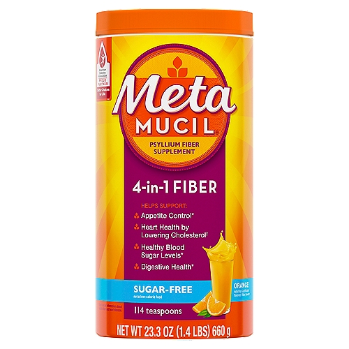 Meta MUCIL Sugar-Free Orange 4-in-1 Psyllium Fiber Supplement, 23.3 oz
Digestive system making you feel sluggish? Start by taking Metamucil Multi-Health Fiber Powder every day to trap & remove the waste that weighs you down*, so you feel lighter and more energetic**. Metamucil is the only leading brand made with Psyllium Fiber^, a plant-based fiber that helps promote digestive health*. It also helps you control appetite*, maintain healthy blood sugar levels*, and lower cholesterol†. See how one small change can lead to good things! *THESE STATEMENTS HAVE NOT BEEN EVALUATED BY THE FOOD AND DRUG ADMINISTRATION. THIS PRODUCT IS NOT INTENDED TO DIAGNOSE, TREAT, CURE, OR PREVENT ANY DISEASE. **Survey of 291 adults who self-reported that they felt lighter and more energetic after completing the Metamucil Two Week Challenge.†Diets low in saturated fat and cholesterol that include 7 grams of soluble fiber per day from psyllium husk, as in Metamucil, may reduce the risk of heart disease by lowering cholesterol. One serving of Metamucil has 2.4 grams of this soluble fiber. One serving of Metamucil capsules has at least 1.8 grams of this soluble fiber.^P&G calculation based in part on data reported by Nielsen through its ScanTrack Service for the Digestive Health category for the 52-week period ending 04/27/19, for the total U.S. market, xAOC, according to the P&G custom product hierarchy. Copyright © 2019, The Nielsen Company.