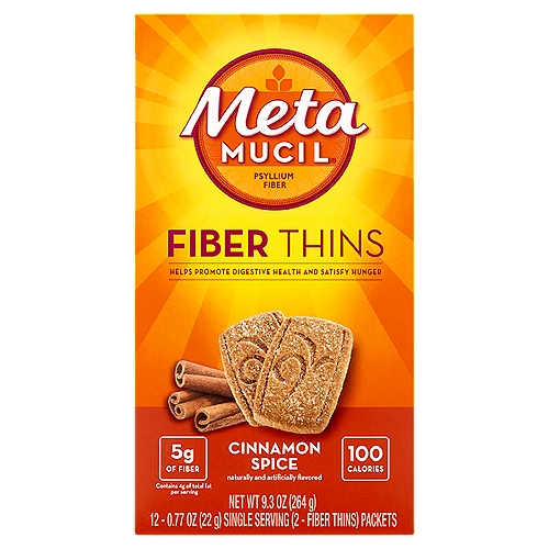 Metamucil Cinnamon Spice Fiber Thins are delicious crunchy fiber snacks that provide 5 grams of fiber with just 100 calories per serving (4 g total fat). They help satisfy hunger and contain 20% of your daily recommended value of fiber to help promote digestive health. From Metamucil, the #1 doctor-recommended fiber brand.