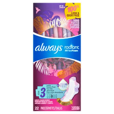 Always Radiant FlexFoam Pads for Women Size 3, Extra Heavy Flow Absorbency, 100% Leak & Odor Free Protection is possible, with Wings, Scented, 22 Count, 22 Each