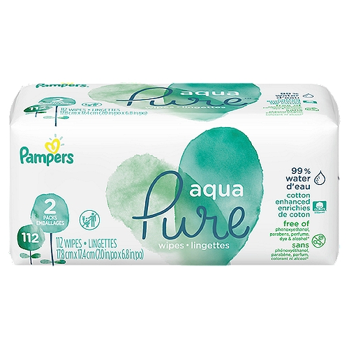 Pampers Aqua Pure Wipes, 2 pack, 112 count
When it comes to caring for your baby's precious skin, you shouldn't have to make compromises. That's why we made Pampers Aqua Pure Wipes—our only wipe made with 99% pure water and a touch of premium cotton. Caring for your baby's precious skin is at the heart of our chosen ingredients. That's why Pampers Aqua Pure Wipes do not contain alcohol*, dyes, parabens or fragrances. The remaining 1% of ingredients includes dermatologically tested cleansers and pH-balancing ingredients to help protect baby's skin. Aqua Pure wipes are safe for use on newborn babies' skin—including bottoms, hands, and sensitive faces.*No ethanol or drying alcohol The Seal of Cotton and cotton enhanced are trademarks of Cotton Incorporated. This product contains 15% cotton.