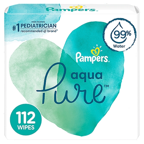 Pampers Aqua Pure Wipes, 2 pack, 112 count
When it comes to caring for your baby's precious skin, you shouldn't have to make compromises. That's why we made Pampers Aqua Pure Wipes—our only wipe made with 99% pure water and a touch of premium cotton. Caring for your baby's precious skin is at the heart of our chosen ingredients. That's why Pampers Aqua Pure Wipes do not contain alcohol*, dyes, parabens or fragrances. The remaining 1% of ingredients includes dermatologically tested cleansers and pH-balancing ingredients to help protect baby's skin. Aqua Pure wipes are safe for use on newborn babies' skin—including bottoms, hands, and sensitive faces.*No ethanol or drying alcohol The Seal of Cotton and cotton enhanced are trademarks of Cotton Incorporated. This product contains 15% cotton.