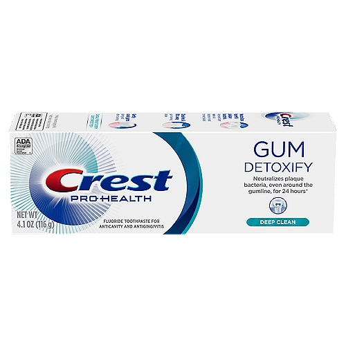 Crest Gum Detoxify Deep Clean Anticavity Fluoride Toothpaste, 4.1 oz
A detoxifying deep clean created after years of research by Crest scientists, this toothpaste has been specially formulated to target the millions of plaque bacteria around the gum line. Crest Gum Detoxify Deep Clean uses a activated foam to help penetrate hard to reach areas, finding and neutralizing harmful plaque bacteria around the gum line for clinically proven healthier gums.
†Helps reverse gingivitis 
*with twice daily brushing

Flouride Toothpaste for Anticavity and Antigingivitis

Drug Facts
Active ingredient - Purposes
Stannous fluoride 0.454% (0.14% w/v fluoride ion) - Anticavity, antigingivitis, toothpaste

Uses
• aids in the prevention of cavities
• helps prevent gingivitis
• helps interfere with the harmful effects of plaque associated with gingivitis
• helps control plaque bacteria that contribute to the development of gingivitis