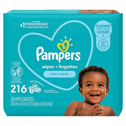 Pampers Baby Clean Baby Fresh Scent Wipes, 3 pack, 216 count
A trusted clean, Pampers Baby Wipes clean and wipe away germs with our beloved Baby Fresh scent for a refreshing clean. These hardworking wipes are 4x stronger* for tough messes. Hypoallergenic, Pampers Baby Fresh Wipes are alcohol-free, paraben-free, and latex-free.**From Pampers, the #1 pediatrician recommended brand. For healthy skin, use Pampers Wipes together with Pampers Baby-Dry diapers. *Vs. leading U.S. sub-brand**Natural rubber