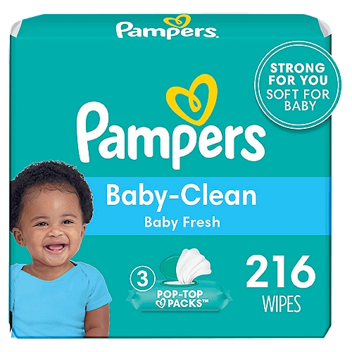 Pampers Baby Clean Baby Fresh Scent Wipes, 3 pack, 216 count
A trusted clean, Pampers Baby Wipes clean and wipe away germs with our beloved Baby Fresh scent for a refreshing clean. These hardworking wipes are 4x stronger* for tough messes. Hypoallergenic, Pampers Baby Fresh Wipes are alcohol-free, paraben-free, and latex-free.**From Pampers, the #1 pediatrician recommended brand. For healthy skin, use Pampers Wipes together with Pampers Baby-Dry diapers. *Vs. leading U.S. sub-brand**Natural rubber