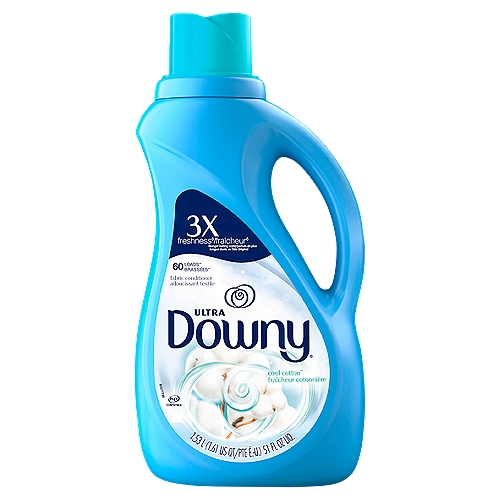Ultra Downy Adoucissant Textile Fabric Conditioner, 60 loads, 51 fl oz
Downy Ultra Cool Cotton Fabric Conditioner softens, freshens, and protects your clothes from stretching, fading, and fuzz, leaving them with a long-lasting fresh scent. This conditioning fabric softener will transport your senses to a cool, crisp day with freshly-washed linens floating in the breeze. Downy Ultra Fabric Conditioner fights static and reduces more wrinkles than using detergent alone in the wash. Easy to use and compatible with top- and front-loading machines, Downy is the must-have addition to laundry day—so your clothes can always look and feel their best.