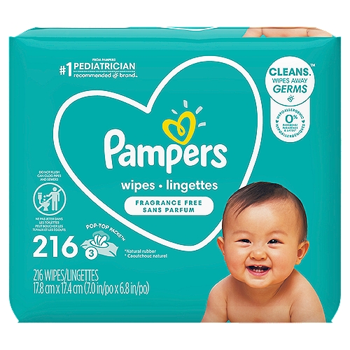 Pampers Fragrance Free Wipes, 216 count
A trusted clean, Pampers Baby Wipes clean and wipe away germs and are fragrance-free for delicate skin. These hardworking wipes are 4x stronger* for tough messes. Hypoallergenic, Pampers Unscented Wipes are alcohol-free, fragrance-free, paraben-free, and latex-free.**From Pampers, the #1 pediatrician recommended brand. For healthy skin, use Pampers Wipes together with Pampers Baby-Dry diapers.*Vs. leading U.S. sub-brand**Natural rubber