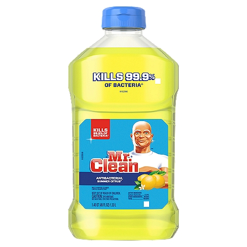 Clean every room of your house with the fighting power of Mr. Clean's Antibacterial Summer Citrus multi-surface liquid cleaner. Not only does it knock out dirt, it kills 99.9% of bacteria*, and works all around the house on everything from linoleum, to tile, to toilets and bathtubs, and even garbage cans.