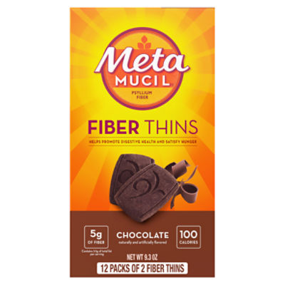 Metamucil Fiber Thins, Psyllium Husk Fiber Supplement, Digestive Health Support and Satisfy Hunger, Chocolate Flavor, 12 Servings